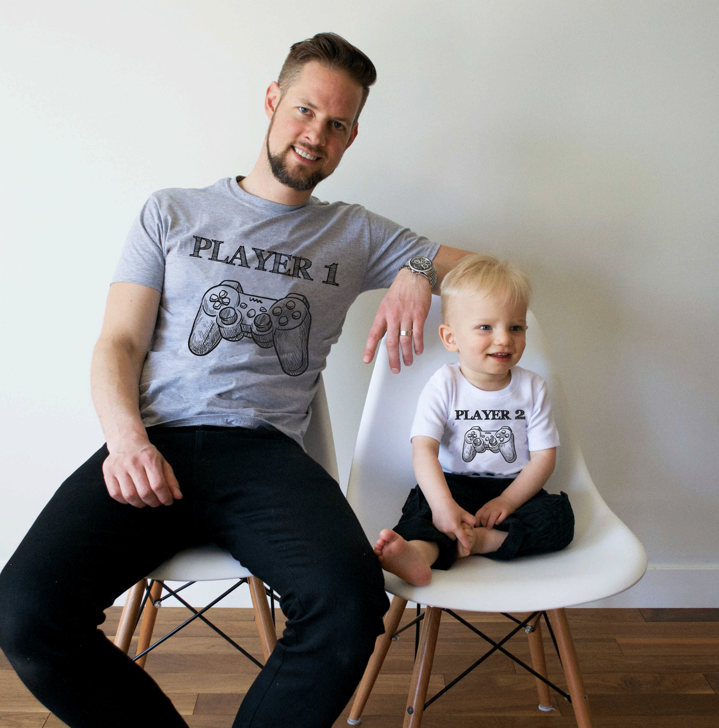 Player 1 & Player 2 Dad and Baby Matching White T-Shirt and Bodysuit Set 