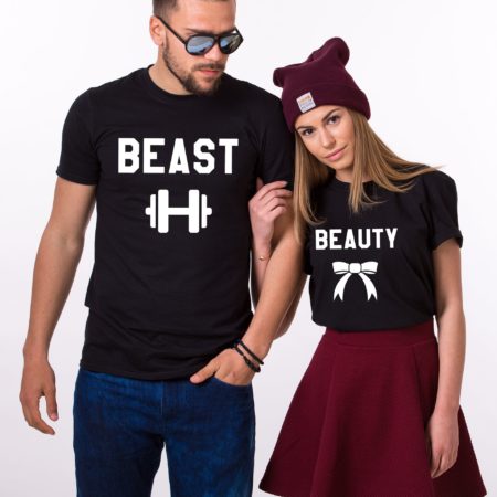 Beauty Beast with ribbon and dumbbell, Matching Couples Shirts