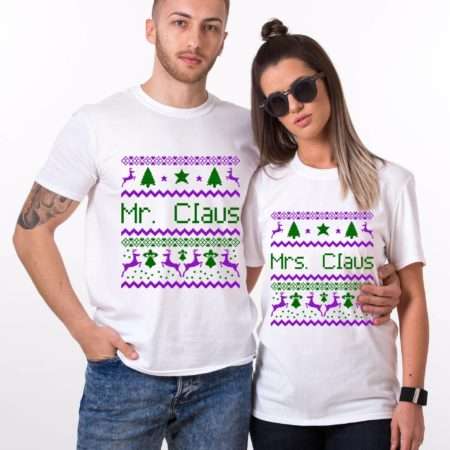 Mr and Mrs Claus, Green/Puple, Christmas Couples Shirts