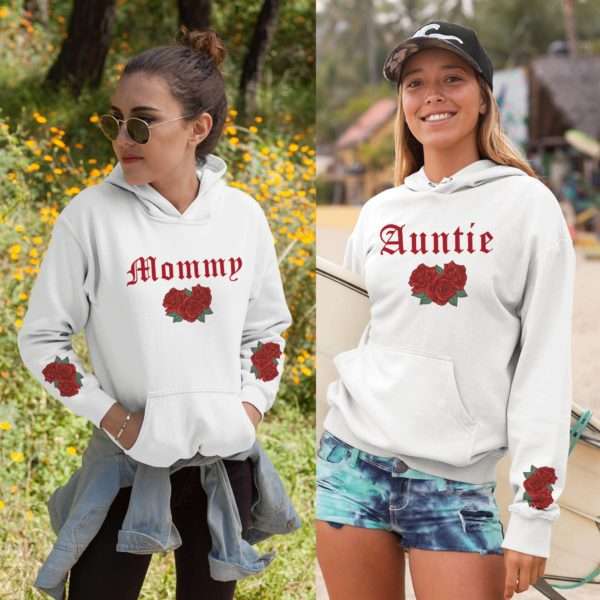 Auntie Hoodie, Mommy Hoodie, Roses Sleeve Print, Matching Family Hoodies